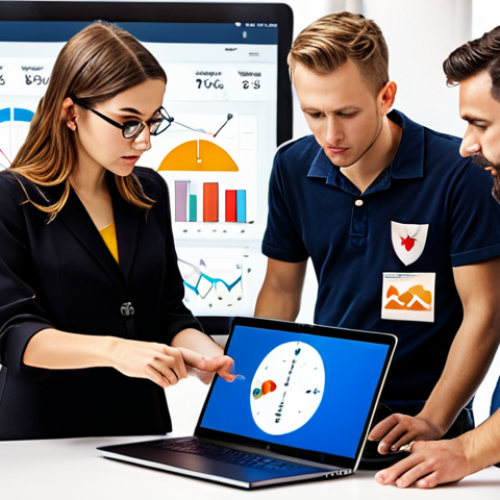 Home 23 **A startup team huddled around a laptop, analyzing CRM data visualized as a compass pointing towards a successful MVP launch. Data charts, graphs, and user feedback icons surround them, symbolizing data-driven decision making.**
