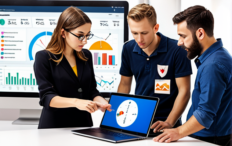**A startup team huddled around a laptop, analyzing CRM data visualized as a compass pointing towards a successful MVP launch. Data charts, graphs, and user feedback icons surround them, symbolizing data-driven decision making.**