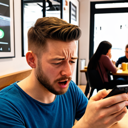 Home 22 ** A user testing a language learning app on their phone in a bright, modern cafe. Emphasize their frustrated facial expression, indicating a pain point with the app. Include a thought bubble showing the person feeling unmotivated and wanting more interaction.
**
