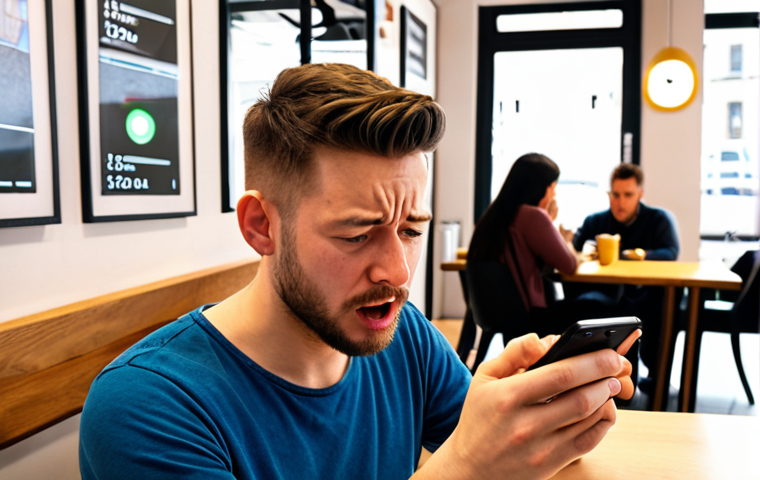 ** A user testing a language learning app on their phone in a bright, modern cafe. Emphasize their frustrated facial expression, indicating a pain point with the app. Include a thought bubble showing the person feeling unmotivated and wanting more interaction.
**