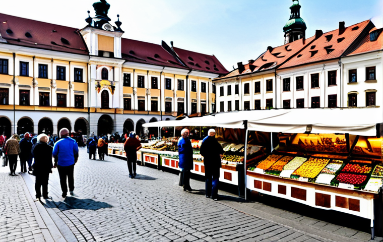 Bustling Krakow Market Square**
"A vibrant photograph of Krakow's Market Square (Rynek Główny) on a sunny day. Vendors are selling flowers, amber jewelry, and handcrafted souvenirs. People are enjoying coffee at outdoor cafes. The Cloth Hall (Sukiennice) is visible in the background. Safe for work, appropriate content, fully clothed, professional photography, perfect anatomy, natural proportions, family-friendly scene, modest attire."
**