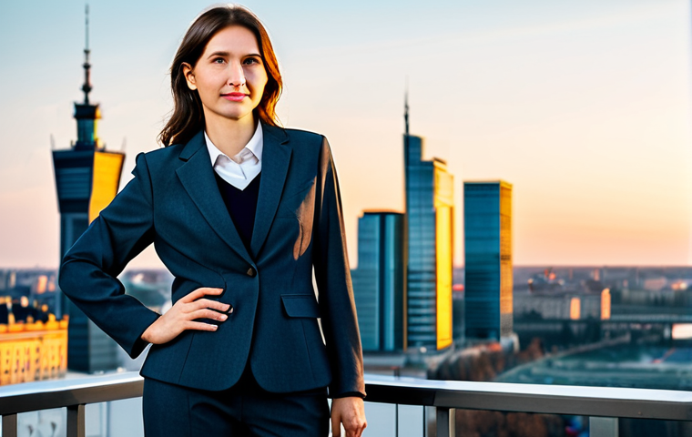 Modern Warsaw Businesswoman**

A professional businesswoman in a stylish, modest business suit (perhaps a tailored blazer and trousers in a muted tone like navy or charcoal gray), standing confidently in front of the Warsaw skyline at sunrise. The background should include recognizable landmarks, but be slightly blurred. Fully clothed, appropriate attire, safe for work, perfect anatomy, natural proportions, professional photography, high quality, family-friendly.

**