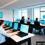 Home 23 MVP 테스트에서의 사용자 행동 분석 - A modern UX research lab scene showing a diverse group of professionals observing users interacting ...