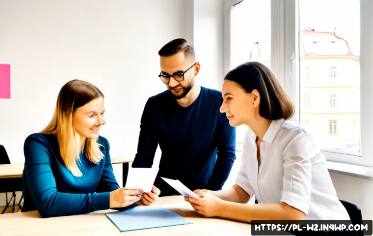 Home 17 효과적인 MVP 디자인 방법 - Photorealistic Polish startup team of three adults in a bright Warsaw coworking studio, testing a si...