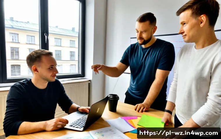 Home 17 MVP 테스트 후 개선 사항 도출하기 - Photorealistic Polish startup team reviewing an MVP test in a bright modern Warsaw coworking space, ...